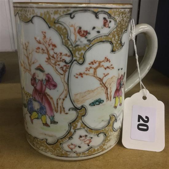 Chinese Export porcelain mug, polychrome-decorated with figures in gardens